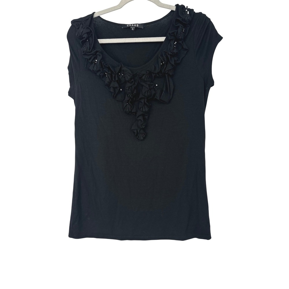 Chaus Top Women M Black Ruffle Beaded Stretch Casual Career Minimalist Staple
